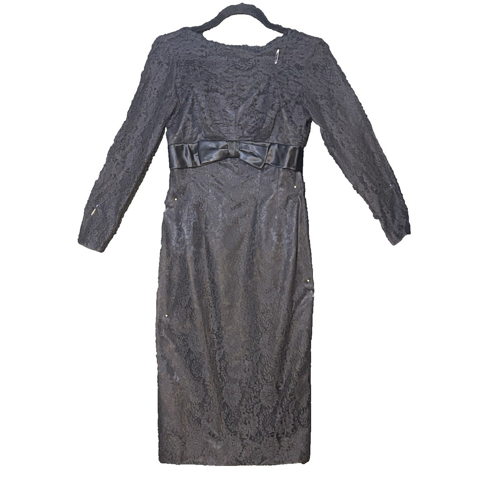 Vintage Black Dress 50s Illusion Wiggle Lace  Satin Bow Hour Glass Berta''s
